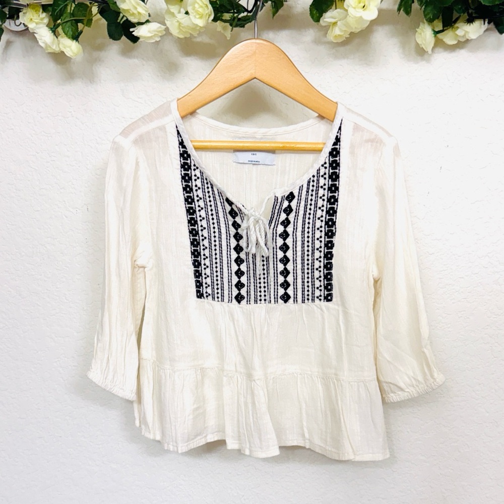 Old Navy • Cream Peasant Top with Black Embroidery, Ruffle Hem, Tassel Ties